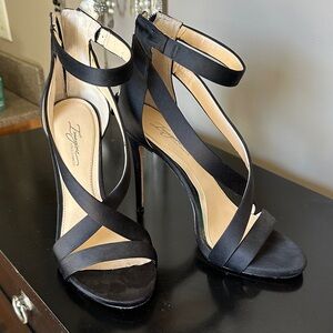 Vince Camuto Black Satin Crisscross Ankle Strap Stiletto Heels